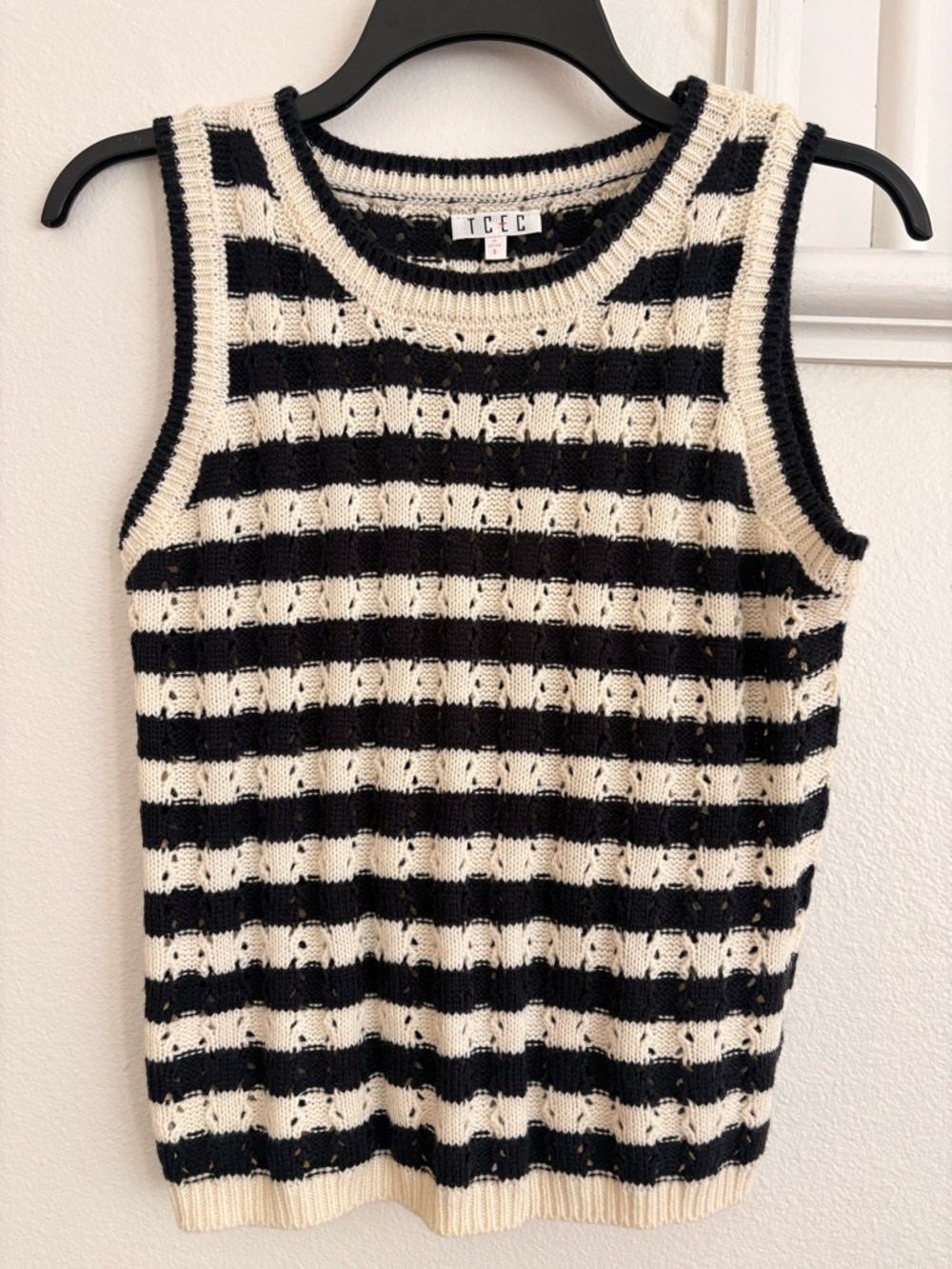 TCEC Black and Cream Striped Open-Knit Sleeveless Tank